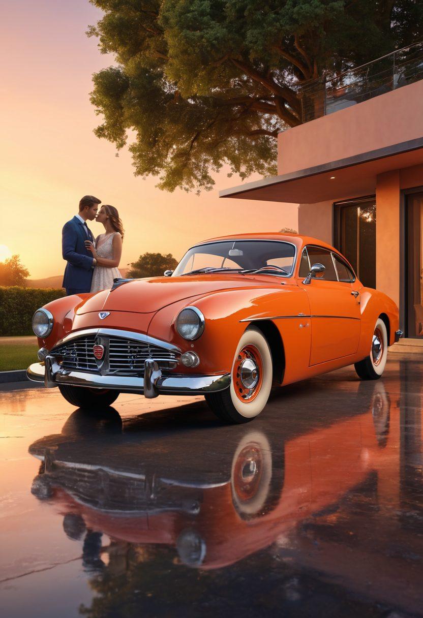 A split scene showcasing a vintage classic car on one side, exuding nostalgia and elegance, and on the other side, a modern couple sharing an affectionate moment beside a sleek, contemporary vehicle. The background should blend sunset hues to evoke warmth and romance, with subtle heart motifs gently incorporated into the design. The interplay of the old and new represents the fusion of automotive passion and love stories. vibrant colors. super-realistic. 3D.