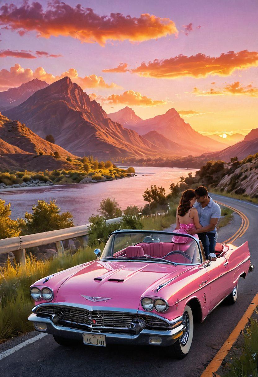 A romantic sunset scene featuring a couple leaning against a classic car parked along a scenic highway, surrounded by lush landscapes and mountains in the background. The couple shares an intimate moment, with gear and automotive paraphernalia artistically scattered around them, symbolizing their devotion to cars. The sky is illuminated in shades of pink and orange, reflecting their passion and love. super-realistic. vibrant colors. 3D.