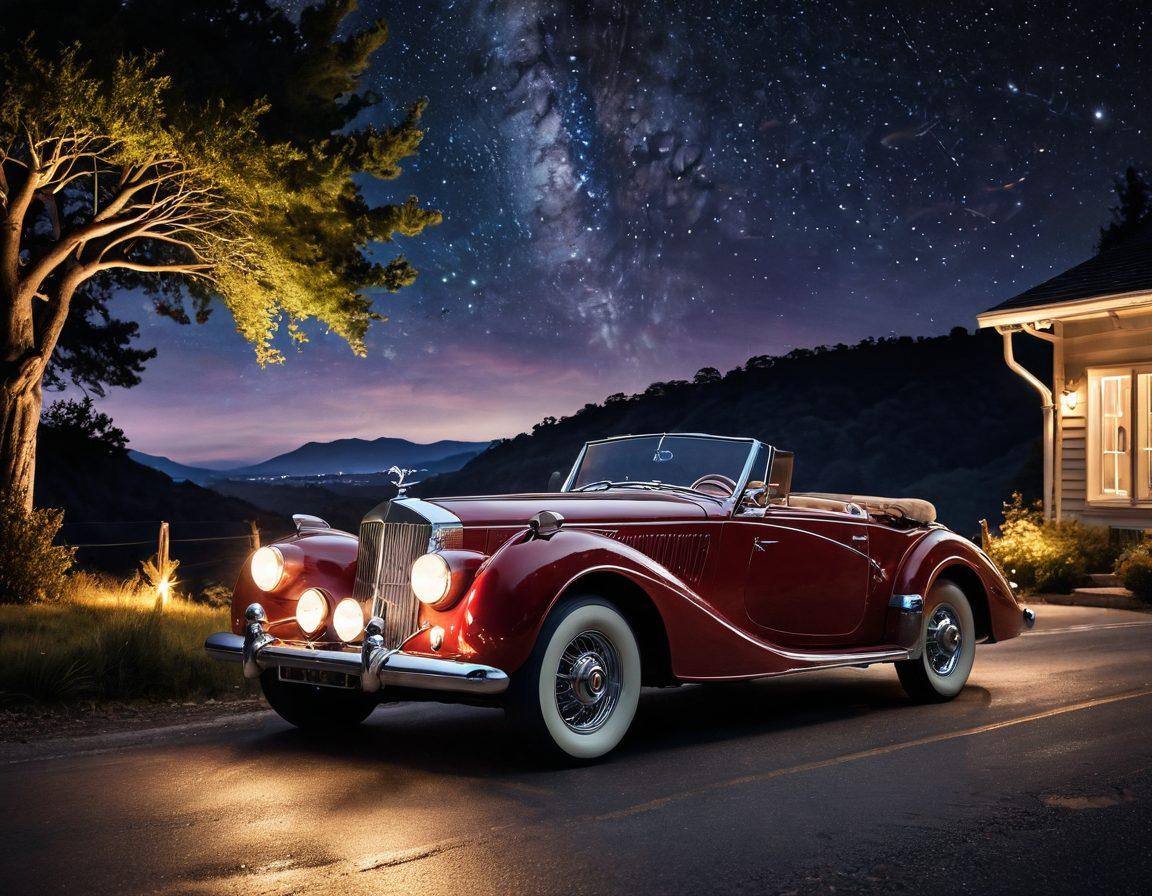 A dynamic scene capturing a couple embracing by a vintage car under a starlit sky, surrounded by soft, glowing lights. The car should reflect a blend of classic design and modern elegance, while subtle heart shapes formed by headlights create a romantic atmosphere. The background features a winding road and lush landscapes, symbolizing adventure and shared experiences. Emphasize warm color tones to evoke passion and connection. super-realistic. vibrant colors. night setting.